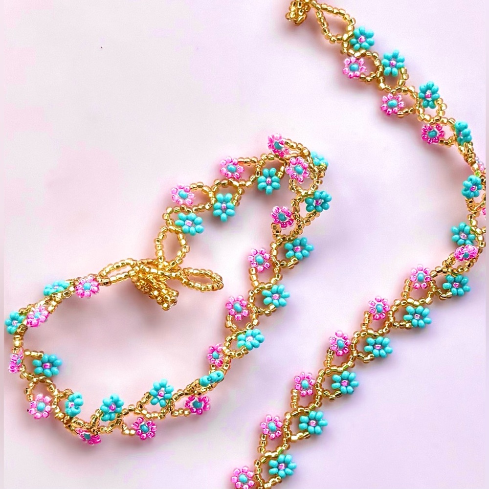 Zig Zag Boutique Pink Gold and Blue beaded adjustable matching anklet bracelets